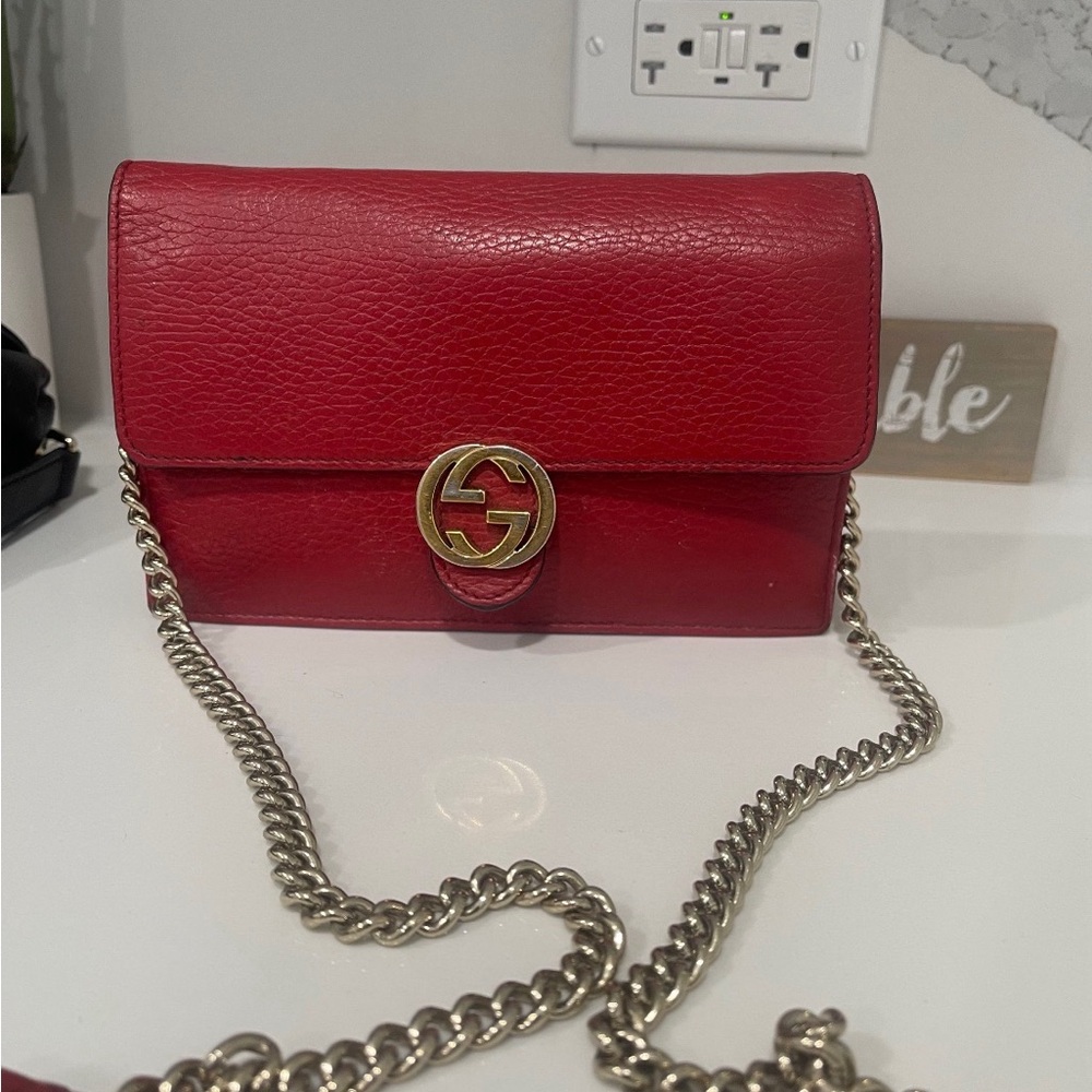 Dollar Calfskin Interlocking G Chain Wallet Red